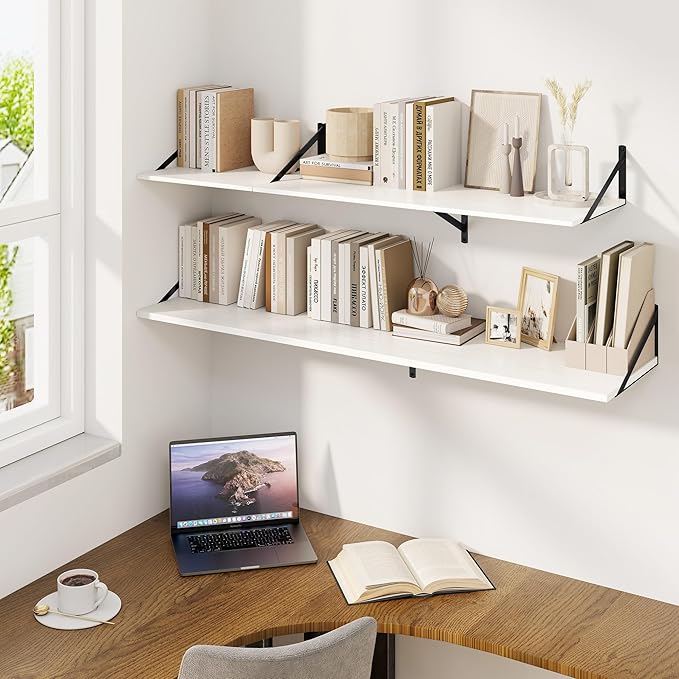 Fun Memories Floating Shelves for Wall, 12 Inch Deep Floating Shelves Set of 2, 24W x 12D Large Wall Shelf with Sturdy Metal Brackets for Living Room, Bathroom, Bedroom and Kitchen, White