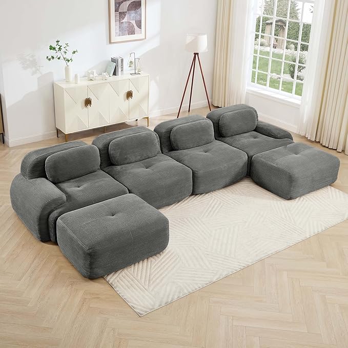 Gray Ottoman for Modular Sectional Sofa, Corduroy Deep Seat for Oversized Compressed Boneless Sectional Couches for Living Room Bedroom Apartment, Cloud Sofa Couch, Memory Foam, No Assembly