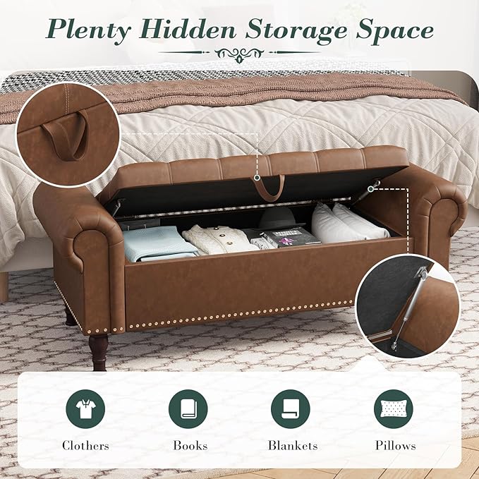 Apicizon 51” Bench with Storage, Upholstered Tufted Button Bedroom Bench with Storage, Faux Leather Ottoman Bench for Bedroom, Living Room, Entryway, Yellow Brown