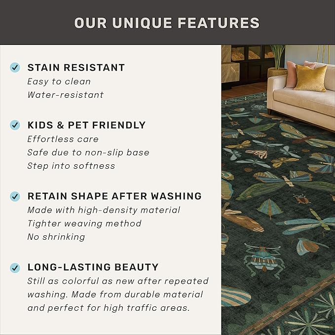 8 ft Long Hallway Runner Rug - Boho Green Rug for Kitchen Floor, Entrance Indoor, Washable Wide Runner Non Slip, Dark Green 2'6''x8'