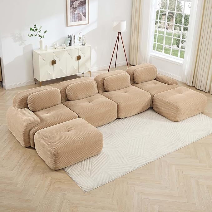 Camel Ottoman for Modular Sectional Sofa, Corduroy Deep Seat for Oversized Compressed Boneless Sectional Couches for Living Room Bedroom Apartment, Cloud Sofa Couch, Memory Foam, No Assembly