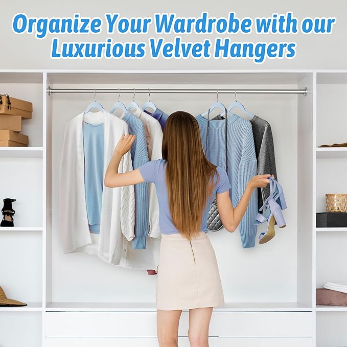 30 Pack Velvet Hangers β Premium Non-Slip Slim Clothes Hangers with 360Β° Swivel Hook, Space-Saving Flocked Shirt Hangers for Coats, Dresses, Blouses, Suits(Blue)