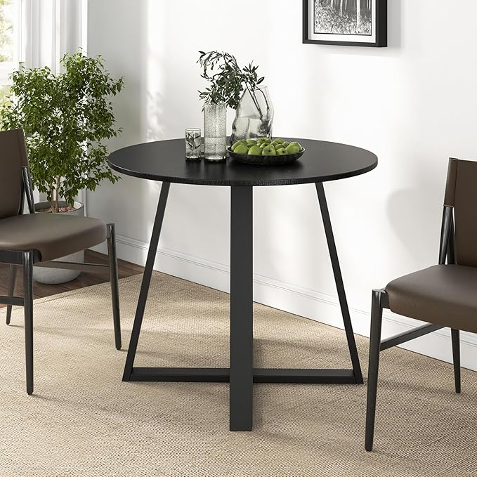 COSTWAY 36 Inch Round Table, Kitchen Table for 4 People with Rubber Wood Frame, Pedestal Base, Farmhouse Rustic Table for Living Room Restaurant, Black
