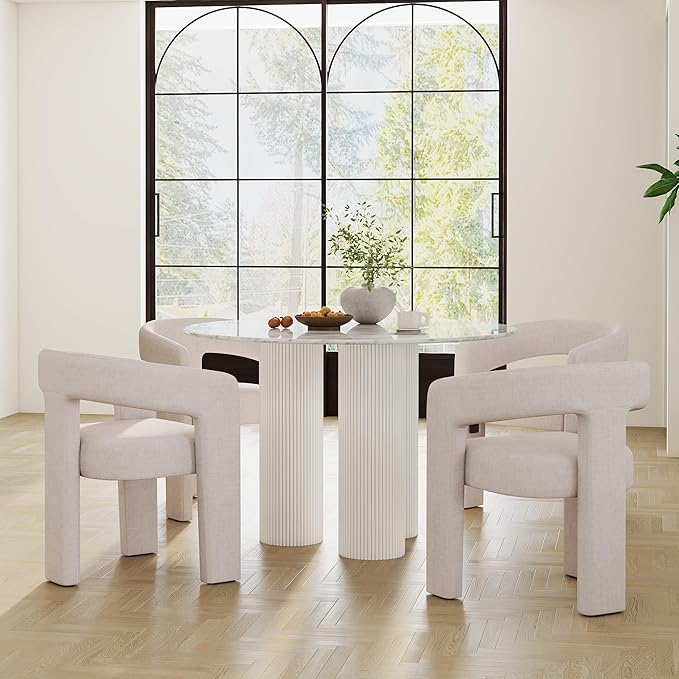 Modern Barrel Dining Chairs Set of 2, Linen Upholstered Accent Side Chair with Arms Comfy Makeup Vanity Chairs, Dining Living Room Kitchen Chairs, Beige