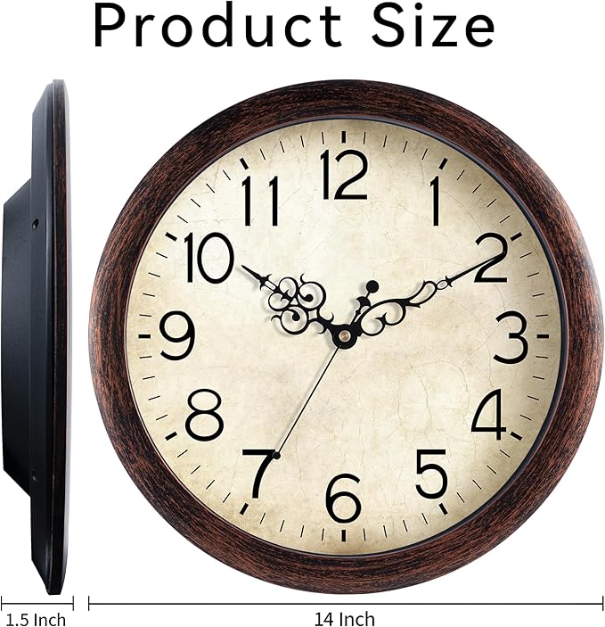 Wall Clock 14 Inch Vintage Wall Clocks Battery Operated Quartz Silent Non-Ticking Large Retro Rustic Style Decorative for Living Room, Home Office, Bedroom, Dining Room (Bronze)