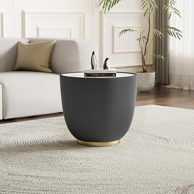 Round Coffee Table Set with Sintered Stone Tabletop, 27.56" White Drum Center Table and 19.69" Grey Coffee Table Set, 2 Pieces Living Room Table Set with Fluted PU Leather Cover& Metal Base