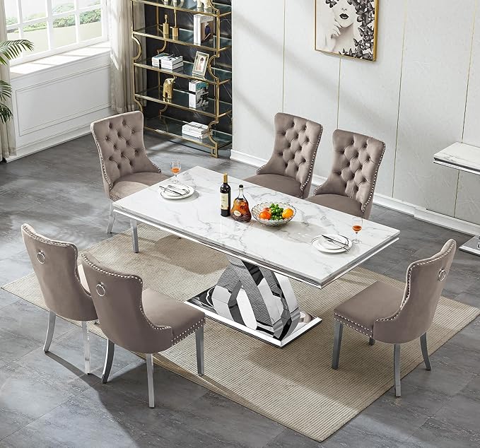 Goujxcy 68" Luxury Marble Dining Table for 6-8, Modern Rectangle White Faux Marble Kitchen Dining Room Table with Silver X-Shape Stainless Steel Pedestal Base for Kitchen Dining Room