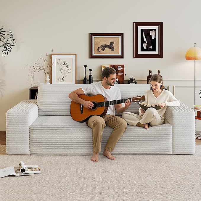 71" Boneless Loveseat Sofa - Cloud Couch with Memory Foam, Comfy Deep Seat - Corduroy Floor Sofa, No Assembly Required - Small Space Friendly for Living Room, Bedroom, Apartment, White
