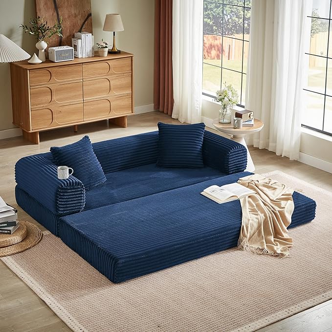 Boneless Couch Sofa Bed Sectional Couches for Living Room,Futon Cloud Couch with Sleeper Sofa,Sofas for Living Room Oversized Corduroy Upholstered (Blue)