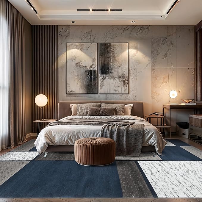 Rugshop Modern Geometric Boxes Navy Area Rug, Non-Shedding Carpet for Living Room, Bedroom, or Family Room, 7'10" x 10'2"