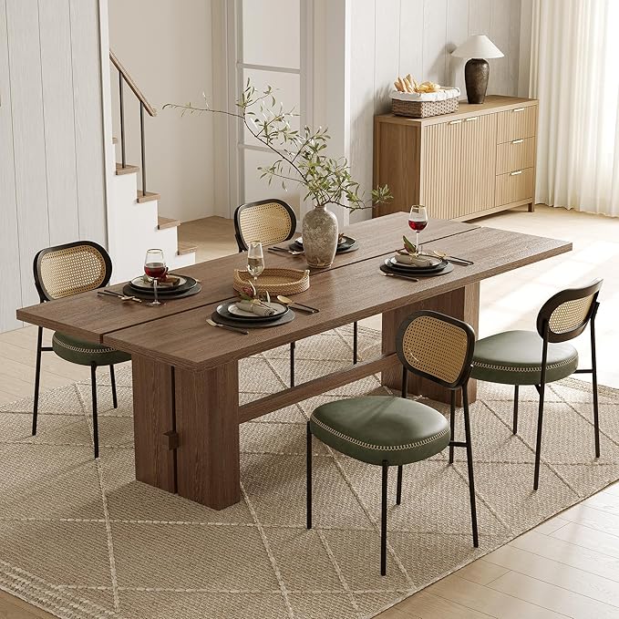 Rattan Dining Chairs Set of 2, Green Leather Upholstered Dining Chairs with Rattan Cane Back, Mid Century Modern Dining Room Chairs with Black Metal Legs & D-Shaped Thicken Cushion, Green