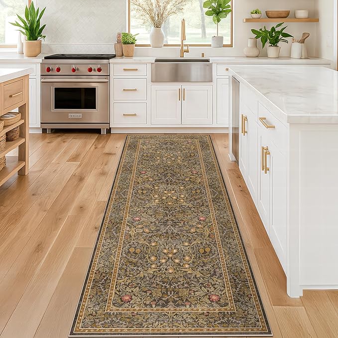 Gold Brown 2x6 Bathroom Runners Non Slip Washable, Low-Pile Runner Rugs for Kitchen, Entryway, Hallway, Laundry Room, Bedroom Bedside, Vintage Floral Stain Resistant Soft Carpet