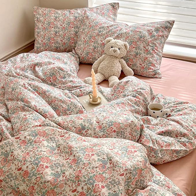 EAVD Boho Floral Comforter Set Twin XL Girls Soft Microfier Chic Shabby Pink Floral Bedding Set with 2 Pillowcases French Style Garden Botanical Comforter for All-Season