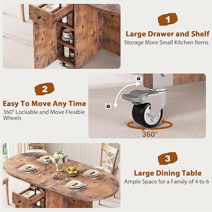Folding Dining Table for 4 Kitchen Dining Room DinnerTable with Storage Drawer Space Saving Oval Foldable Drop Leaf Gateleg Furniture for Small Space (Vintage, 51 * 31.5 * 30)