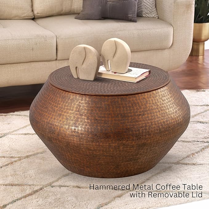 Albany Living Modern Cylindrical Aluminum Hammered Embossed Texturing, Metal Drum Coffee Table with Removable Lid for Storage,Fully Assembled, for The Living Room and Bedroom, Copper