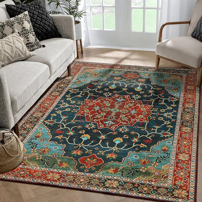 WILLSUN Washable Area Rugs, 4x6 Non-Slip Boho Large Area Rugs for Living Room, Bedroom, Machine Washable Vintage Rug, Indoor Floral Print Carpet for Home Decor, Kid & Pet Friendly Mat