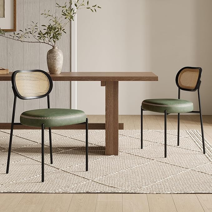 Rattan Dining Chairs Set of 6, Green Leather Upholstered Dining Chairs with Rattan Cane Back, Mid Century Modern Dining Room Chairs with Black Metal Legs & D-Shaped Thicken Cushion, Green