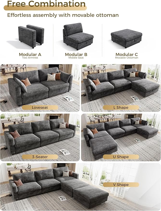 KKL Modular Sectional Couches for Living Room, U Shaped Sofa Couch with Adjustable Backrest, Chenille 6 Seater Sofa Couch with Convertible Ottoman and Comfy Cushion, Grey