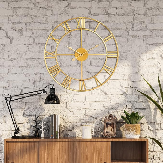 1st owned Large Wall Clock Metal Retro Roman Numeral Clock, Modern Round Wall Clocks Almost Silent, Easy to Read for Living Room/Home/Kitchen/Bedroom/Office/School Decor (Gold, 24 Inch)