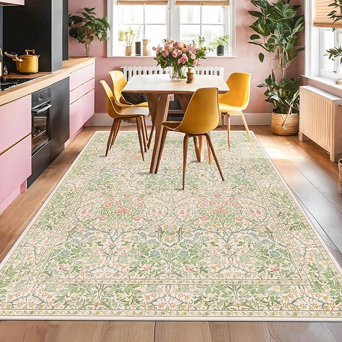Light Beige Green Living Room Rug, 6x9 Washable Area Rug for Kids Room, Bedroom, Nursery Room, Living Room, Dining Room, Low Pile Non-Slip - Vintage Design & Stain Resistance