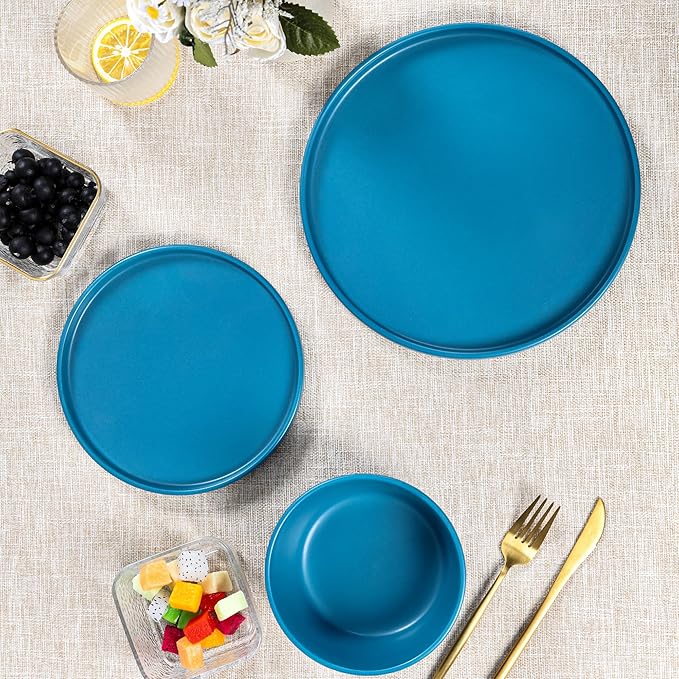 Dinnerware Sets for 4 - CJDC-QUELO 12-Piece Stoneware Plates and Bowls Sets, Ceramic Dishware Sets for Kitchen Use and Formal Dining, Chip and Scratch Resistant Microwave Dishwasher Safe, Blue