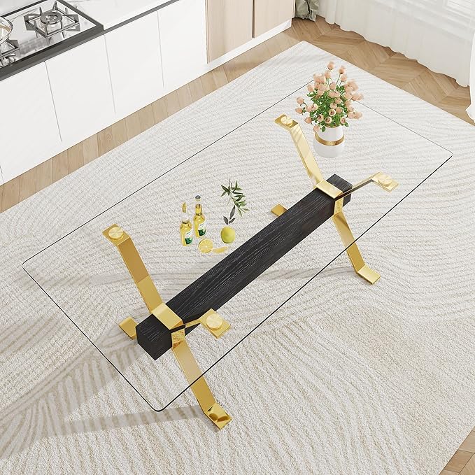79" Glass Dining Table, Modern Kitchen Table, Modern Dining Table for 8, 0.5" Thick Tempered Glass Tabletop with Gold Chrome Metal Legs and Black Crossbar, Ideal for Dining Room, Kitchen