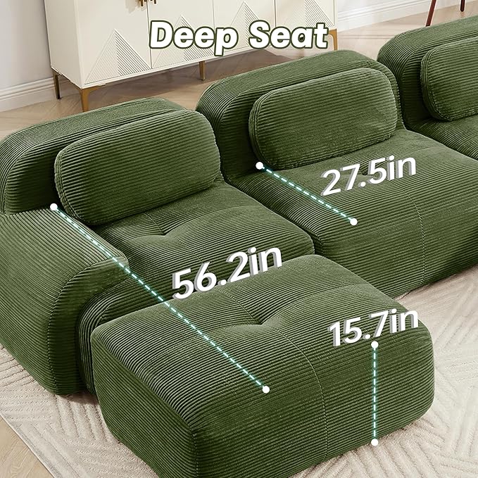 116" Modern Corduroy Cloud Sofa, Boneless Modular Large Sectional Couches for Living Room, Green 3 Seater Compressed Memory Foam Couch, Extra Deep Seat, No Assembly
