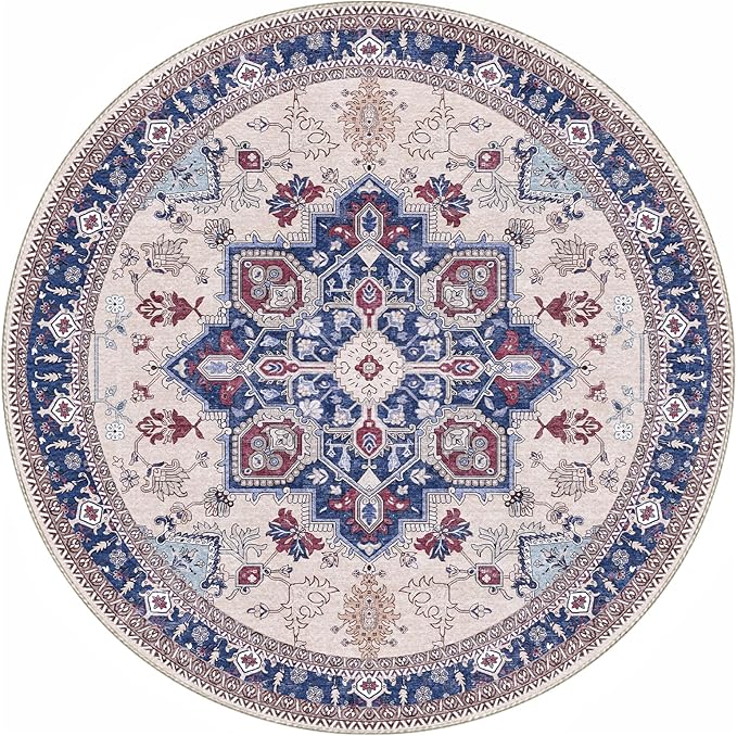 OPPODREAM Thin Round Rug 6ft, Washable Circle Rug 6ft with Non Slip Backing Play Room, Low-Pile Carpet 6 ft, Faux Cashmere Throw Carpet, Navy Blue & Red & Cream