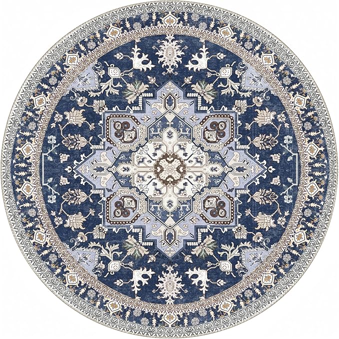 OPPODREAM Thin Round Rug 5ft, Washable Circle Rug 5ft with Non Slip Backing Play Room, Low-Pile Carpet 5 ft, Faux Cashmere Throw Carpet, Navy Blue & Gold