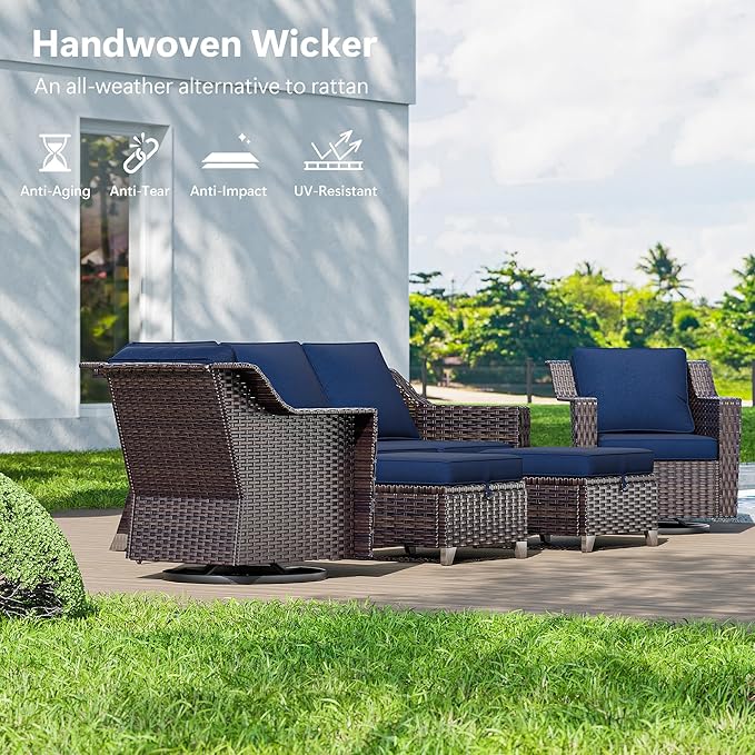Wicker Patio Swivel Chairs, Outdoor Rocking Chair with Wide Armrest, Thickened Cushions, Patio Rattan Furniture for Deck, Porch Use