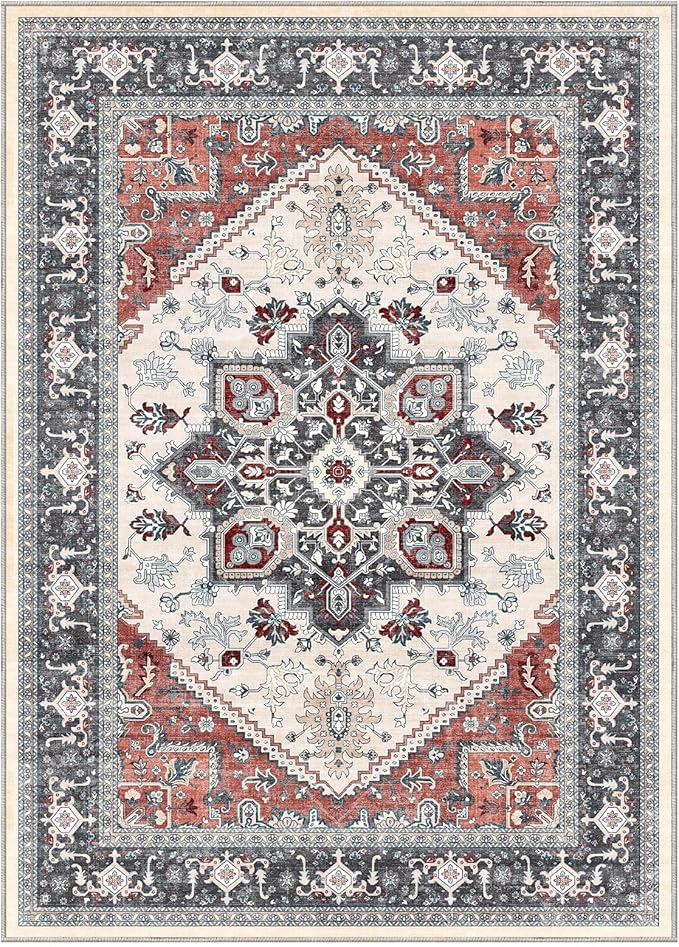 OPPODREAM Thin Area Rugs 9x12 Living Room, Washable Rugs 9x12 with Non Slip Backing, Faux Cashmere Low-Pile 9 x 12 Carpet, Black & Red