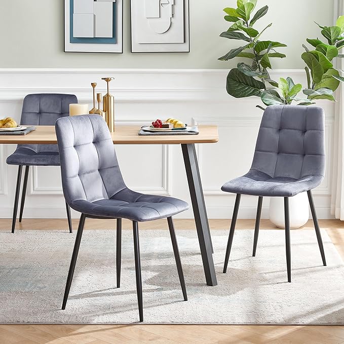 NORDICANA Grey Velvet Dinner Chairs Set of 2, Modern Armless Dining Side Chairs with Metal Legs for Kitchen Living Room Vanity