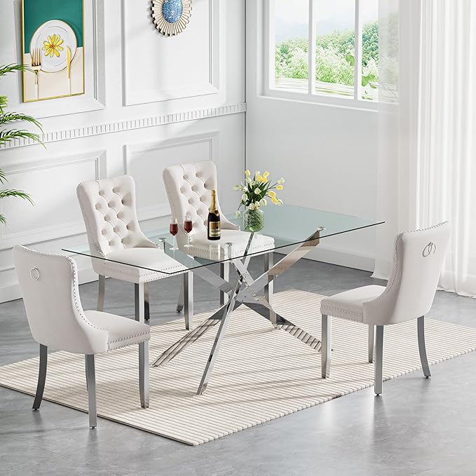 Goujxcy 7 Piece Glass Dining Table Set Modern Glass Dining Table Set for 6, 61" Rectangular Silver Kitchen Table and 6 Velvet Upholstered Chairs, Silver Table & Beige Chair