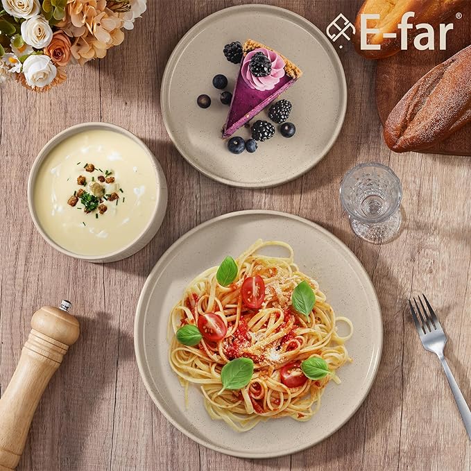 E-far Stoneware Dinnerware Sets, 12-Piece Plates and Bowls Dish Set for 4, Kitchen Modern Dinning Ware, Chip and Scratch Resistant, Microwave & Dishwasher Safe, Speckled Khaki