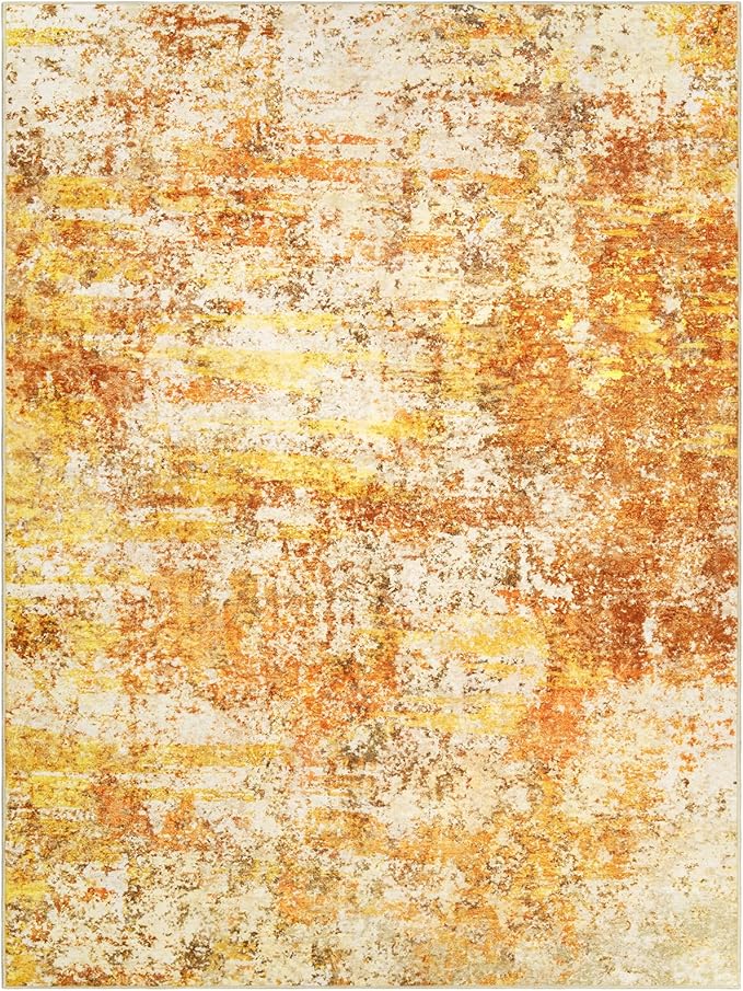 Washable Area Rugs 8x10 - Abstract Living Room Rugs Modern Neutral Soft Rug Stain Resistant Non-Slip Low Pile Large Carpet for Bedroom Dining Room Nursery Home Office - Orange/Gold