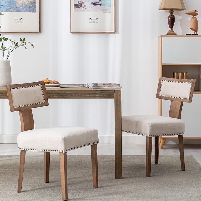Mid Century Modern Dining Chairs Set of 6 Linen Fabric Upholstered Kitchen Side Chairs with Nailhead Trim, Modern Kitchen Armless Solid Wood Dining Chairs, Beige
