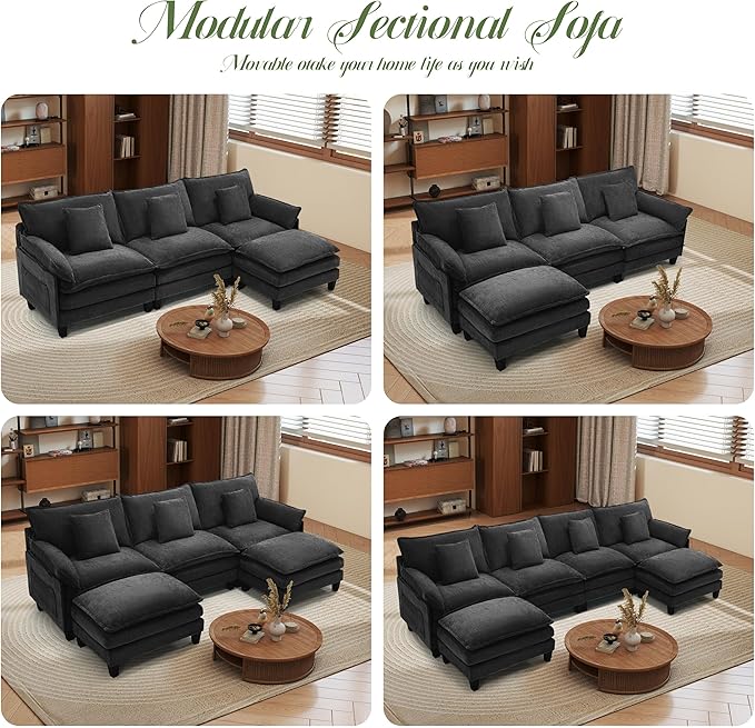 Modular Sectional Sofa, Comfy Cloud Couch with Movable Ottoman, Deep Seat Couches for Living Room, Bedroom and Apartment, 106" U Shaped Modern Sofa with Pillows, Black