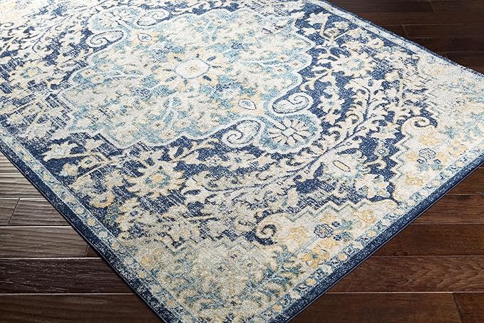 Livabliss Area Rugs - 5x7 Odelia Vintage Boho Blue Aqua Slate Area Rug for Living Room Bedroom - Floral Medallion Stain Resistant Carpet for Kitchen, Nursery, Office (5'3" x 7'3")
