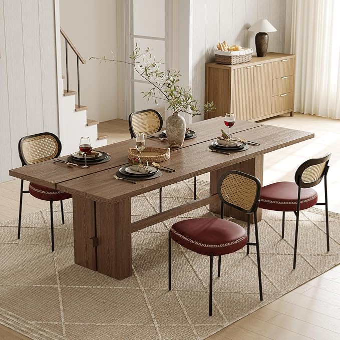 Rattan Dining Chairs Set of 6, Wine Leather Upholstered Dining Chairs with Rattan Cane Back, Mid Century Modern Dining Room Chairs with Black Metal Legs & D-Shaped Thicken Cushion, Wine