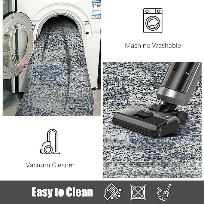 RUGSURE Washable Area Rug - 1/6 Thick - Stain & Water Resistant Non-Slip - Resistant Rug for Living Room, Bedroom, Nursery, Pet & Child Friendly, Vintage Charm Area Rugs (Grey+LightTeal, 6' x 9')