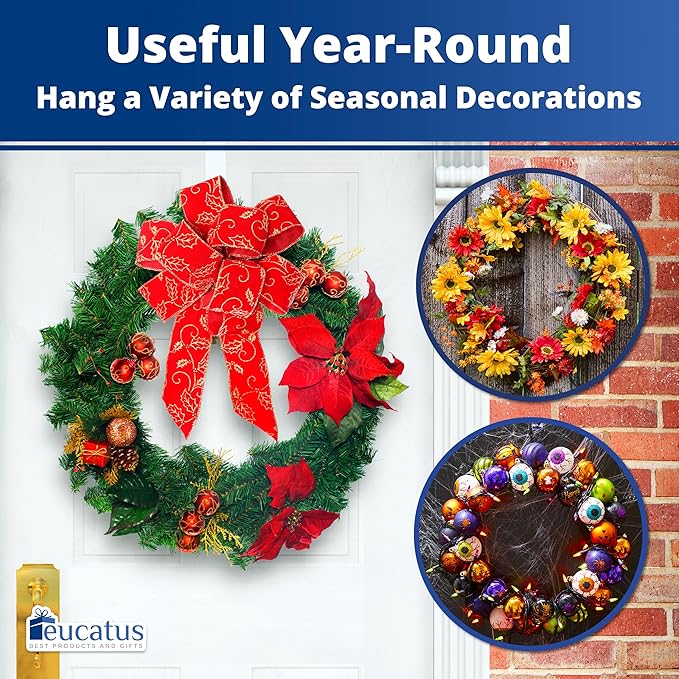 Non Scratch 100% Clear 12in Wreath Hanger 2Pk. Slim Christmas Wreaths Holders for Hanging Fall Halloween Decorations Over Front or Garage Door. Best Long Hooks for Indoor or Outdoor Home Decor