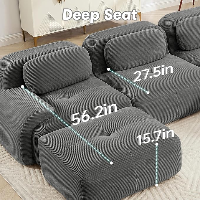 152" Modern Corduroy Cloud Sofa with Ottoman, U Shaped Boneless Modular Large Sectional Couches for Living Room, Gray 4 Seater Compressed Memory Foam Couch, Extra Deep Seat, No Assembly