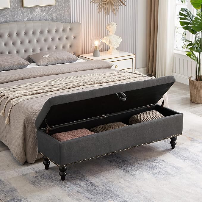 mikibama Linen Storage Bench for Bedroom End of Bed,59" Long Tufted Bed Bench with Storage,Modern Mid Century Storage Ottoman Bench for Window,Entryway,Living Room Solid Wood Legs (Grey)
