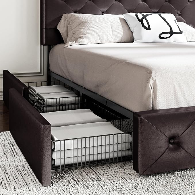 MUTICOR King Size Bed Frame with 4 Storage Drawers, Upholstered Platform Bed with Button Tufted Adjustable Headboard, No Box Spring Needed, Easy Assembly, Diamond Tufted, Brown Leather