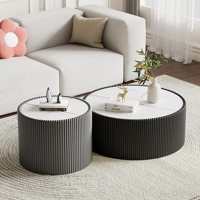 Grey Round Coffee Table with Sintered Stone Tabletop, 17.71" Drum Coffee Table with Fluted PU Leather Covered and Stable Base, Circle Cocktail Tea Table for Living Room