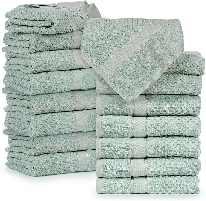 Ample Decor Bath Towels for Bathroom Set of 16 100% Cotton Popcorn Textured, Machine Washable - Mint Green - 30 X 54 Inch