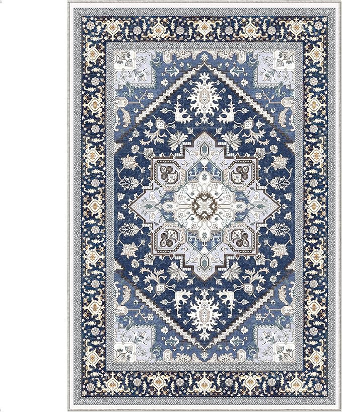 OPPODREAM Thin 6x9 Area Rugs, Washable Rug 6x9 with Non Slip Backing, Faux Cashmere Low-Pile 6 x 9 Carpet, Navy Blue & Gold