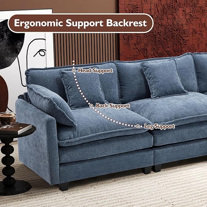 Ihanherry L Shaped Cloud Sofa 111.4" Modern Modular Sectional Couch with Ottoman, 4-Seat Chenille Deep Seat Sofa with Pillows for Living Room, Blue