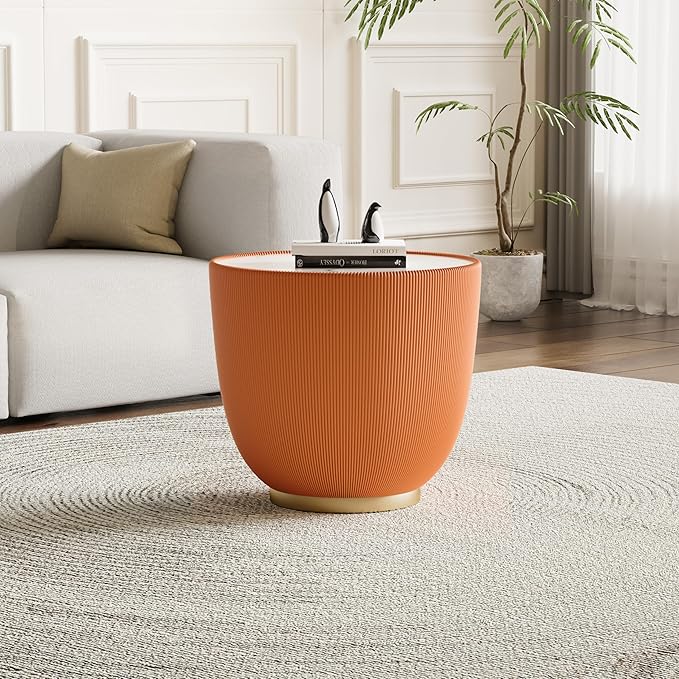 Round Coffee Table Set with Sintered Stone Tabletop, 27.56" White Drum Center Table and 19.69" Orange Coffee Table Set, 2 Pieces Living Room Table Set with Fluted PU Leather Cover& Metal Base