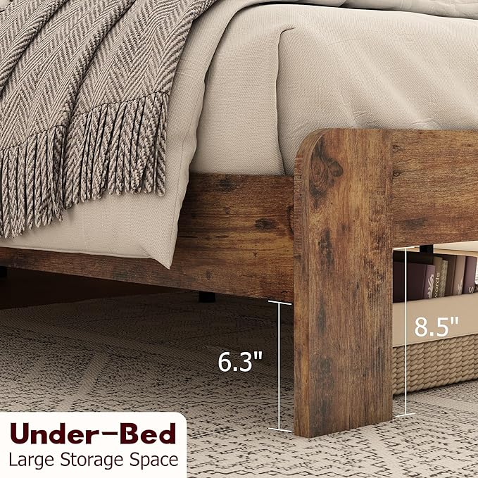 Full Size Wooden Bed Frame, Storage Headboard with Charging Station & Led Lights, Rustic Farmhouse Sturdy Framework Wood Bedframe, Easy Assembly (Brown Led)
